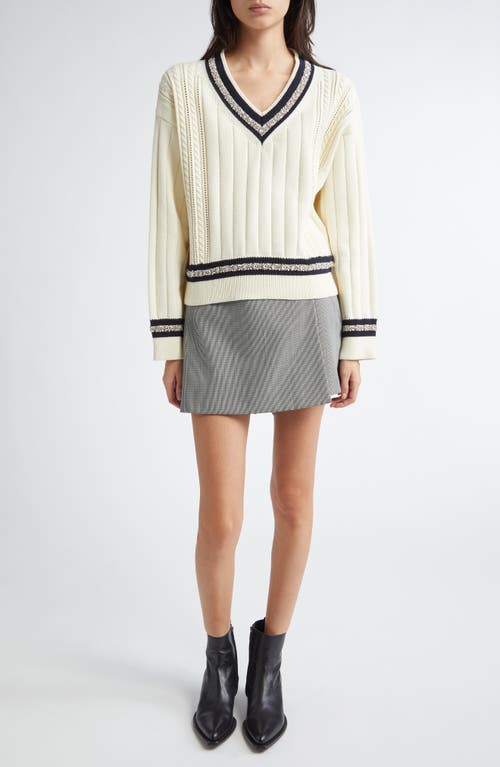 Golden Goose Cropped Sweater With Woven Pattern In Heritage White/dark Blue