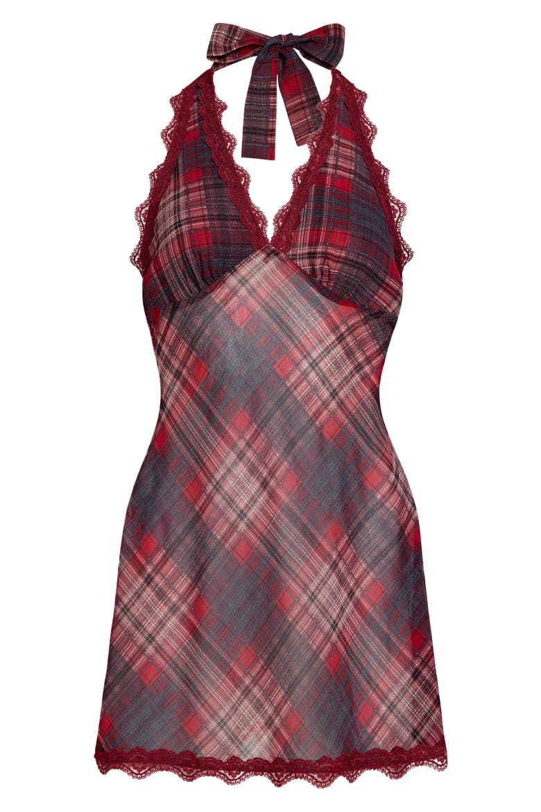 Stars Align Plaid Lace Trim Halter Minidress, Alternate, color, CRIMSON PLAID