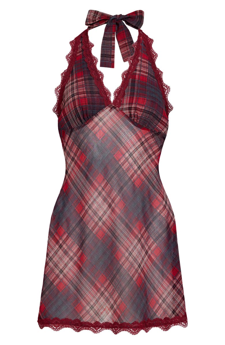 LIONESS Stars Align Plaid Lace Trim Halter Minidress, Alternate, color, Crimson Plaid