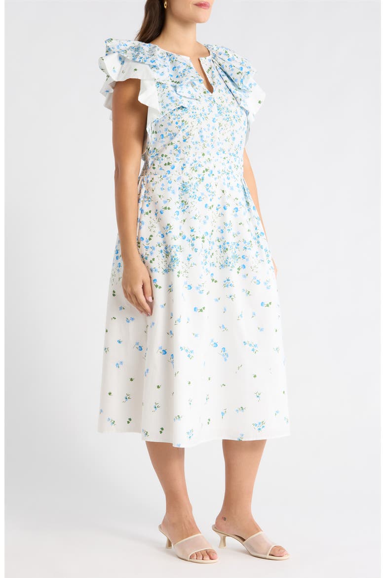 Floral Ruffle Flutter Sleeve Cotton Midi Dress, Alternate, color, WHITE BLUE GREEN