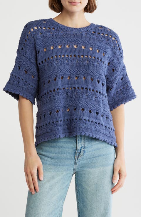 Elbow Sleeve Cotton Pointelle Sweater