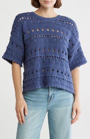 Melrose and Market Elbow Sleeve Cotton Pointelle Sweater