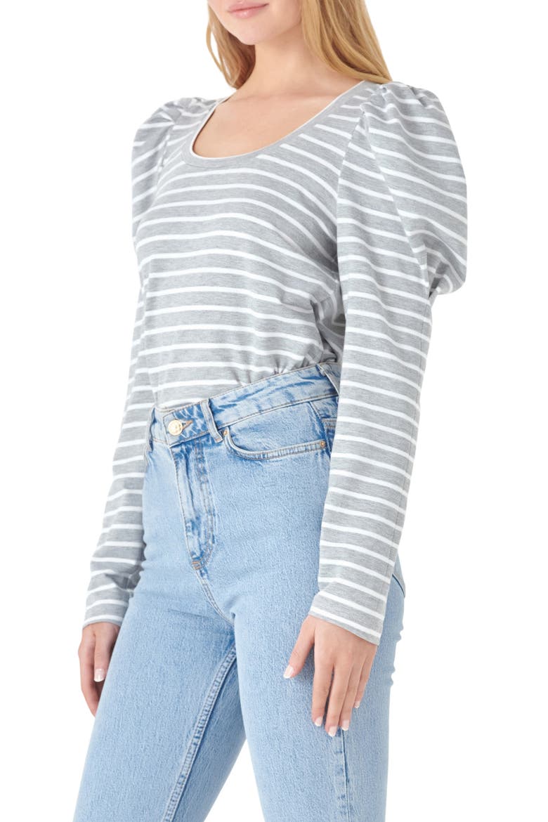 Stripe Puff Sleeve Knit Top, Alternate, color, HEATHER GREY/ WHITE
