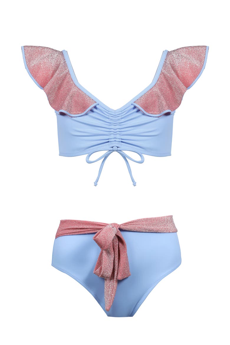 Kids' Glitter Ruffle Ruched Bikini Set, Main, color, Blue-Pink