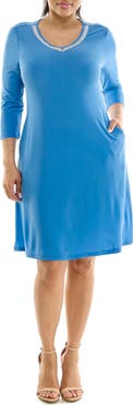 Nina Leonard Rhinestone V-Neck Dress