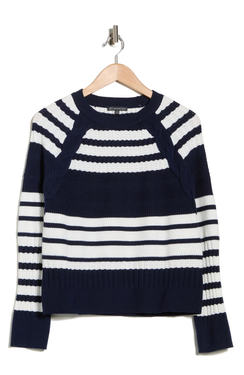 Adrianna Papell Wavy Rib Stripe Sweater, Main, color, Blue Moon/ Ivory