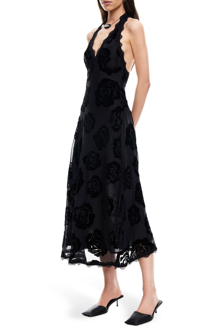 Stars Align Burnout Lace Halter Midi Dress, Alternate, color, BURNT NOIR ROSE