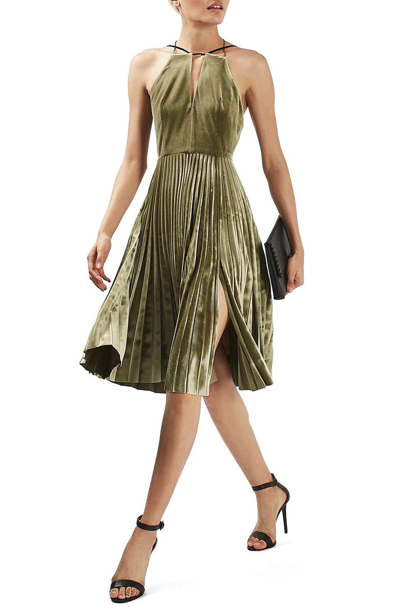 Topshop Pleated Velvet Fit & Flare Dress, Alternate, color, 