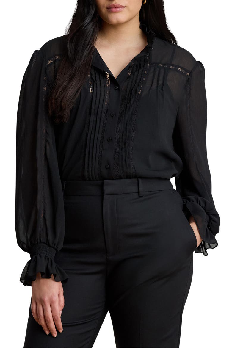 Lace Detail Georgette Button-Up Shirt, Alternate, color, BLACK
