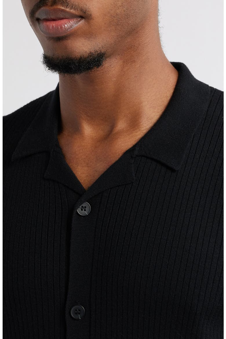 Ribbed Short Sleeve Camp Collar Cardigan, Alternate, color, BLACK