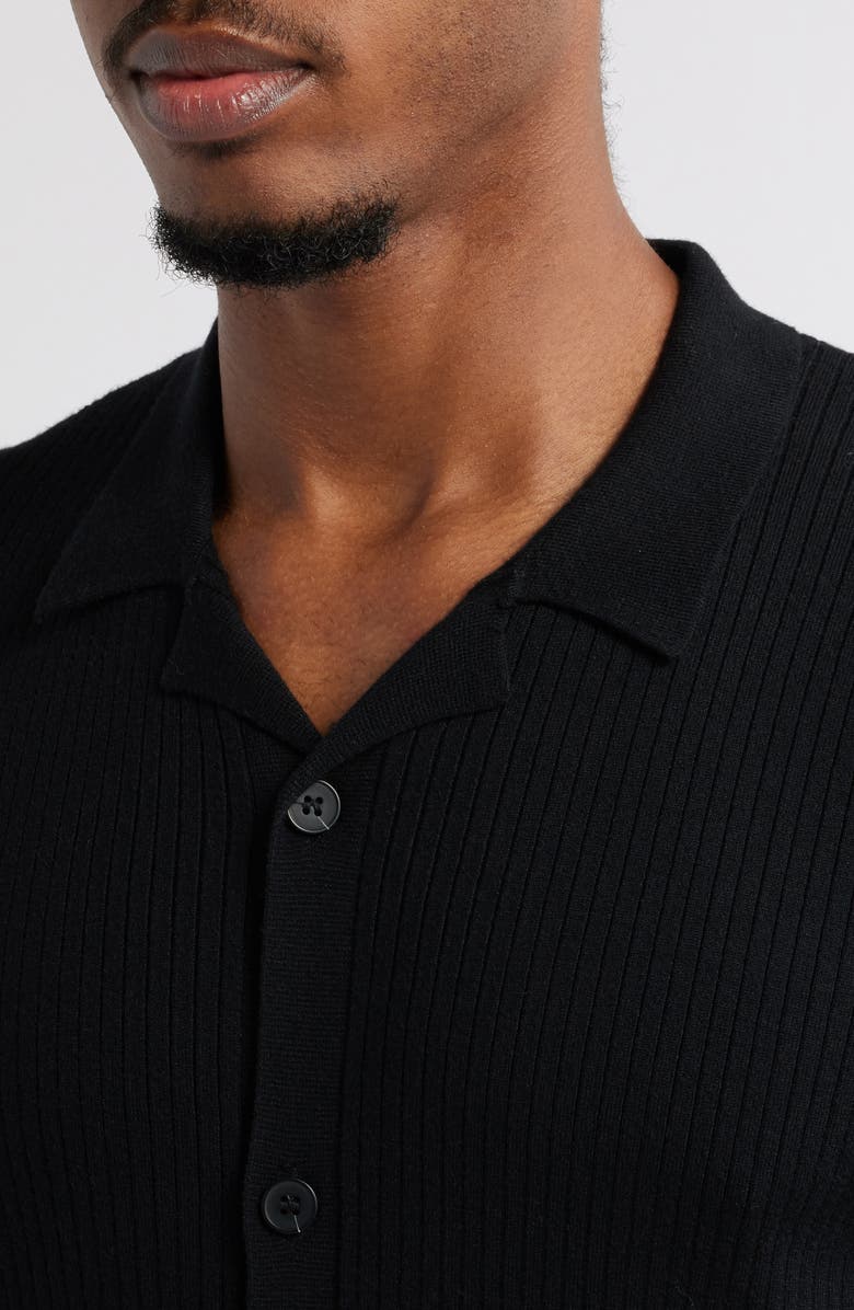 Open Edit Ribbed Short Sleeve Camp Collar Cardigan, Alternate, color, Black