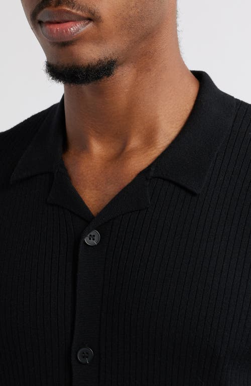 Open Edit Ribbed Short Sleeve Camp Collar Cardigan In Black