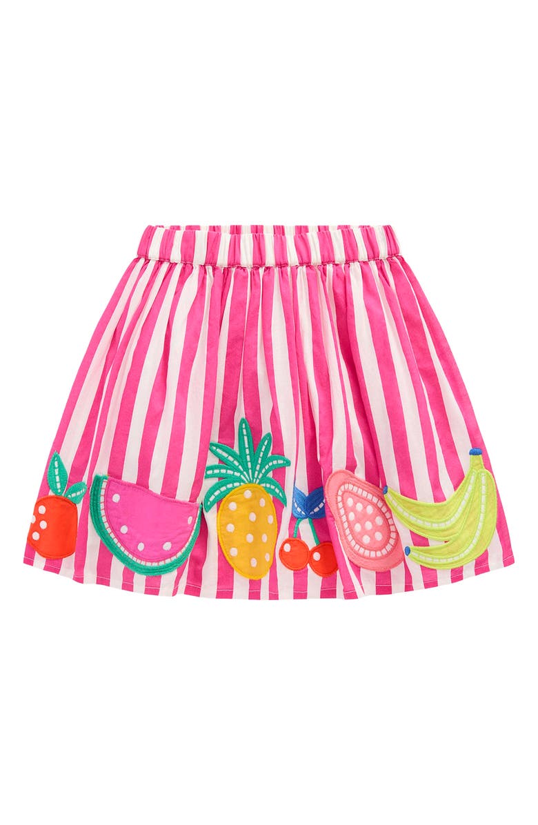 Mini Boden Kids' Stripe Fruit Appliqué Cotton Graphic Skirt, Main, color, Fruit Pink Stripe