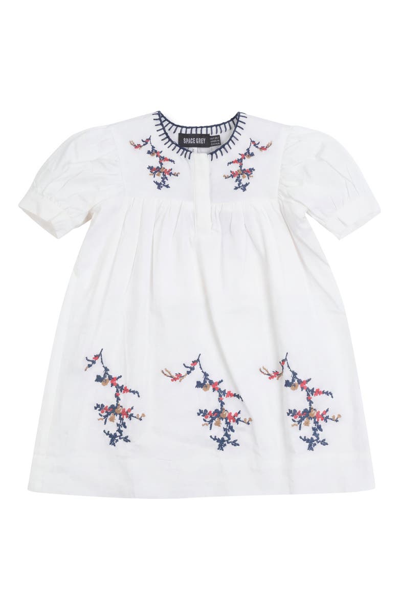 Space Grey Floral Embroidered Woven Cotton Dress, Main, color, White