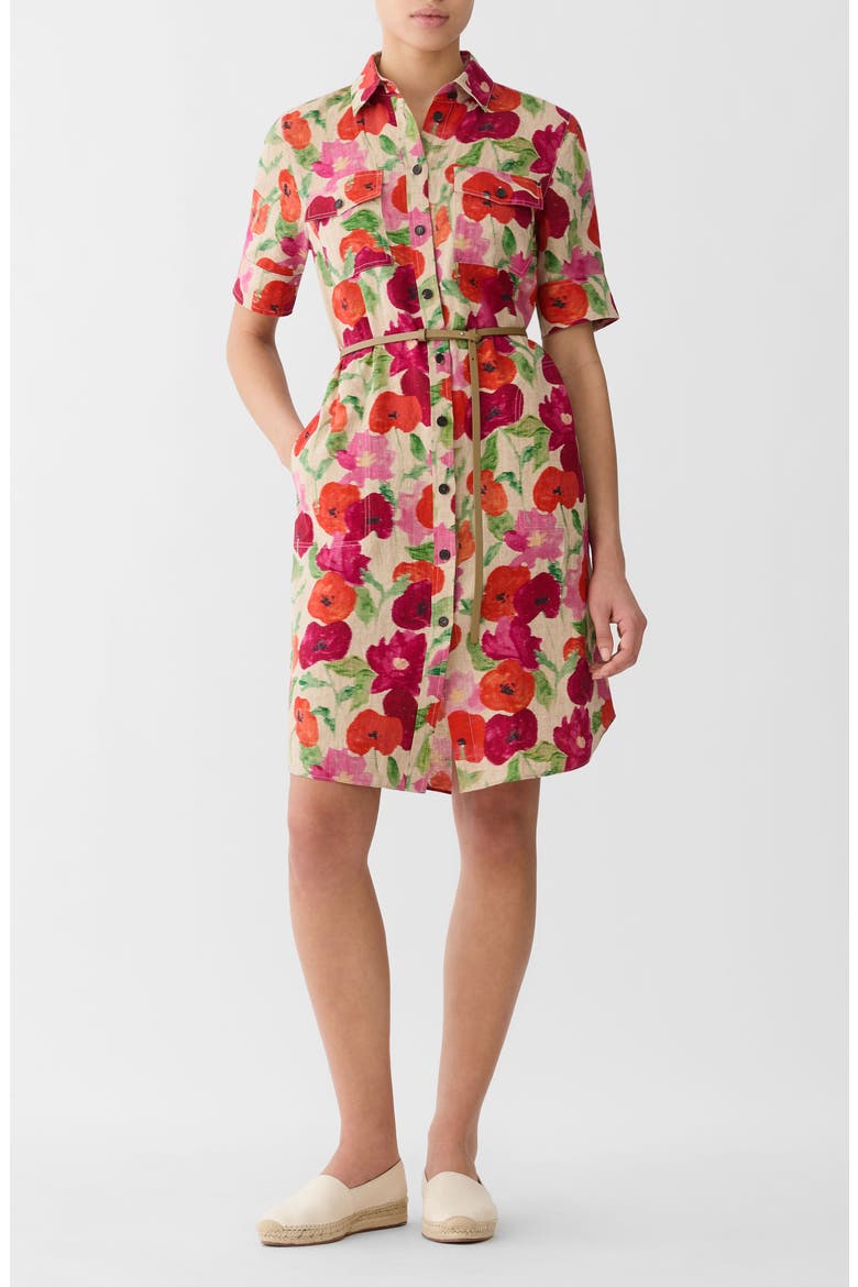Blossom Print Belted Organic Linen Shirtdress, Main, color, CADET KHAKI MULTI