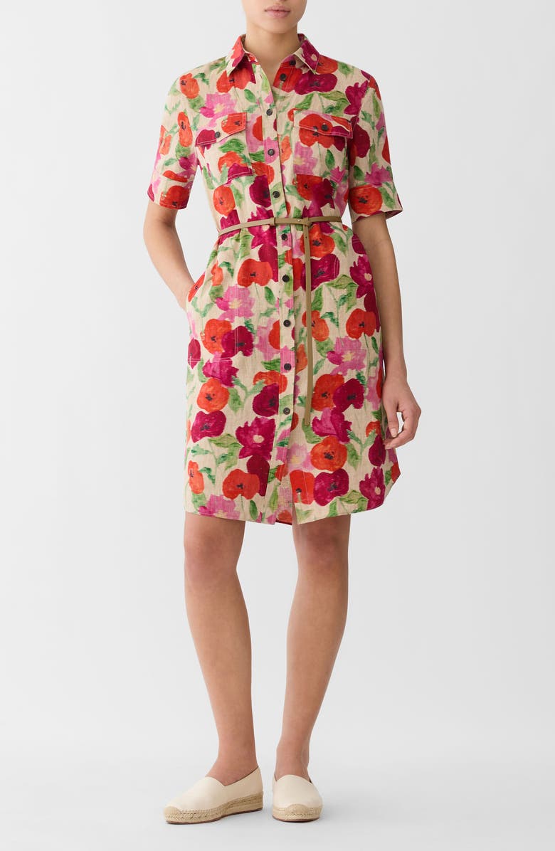 Lafayette 148 New York Blossom Print Belted Organic Linen Shirtdress, Main, color, Cadet Khaki Multi