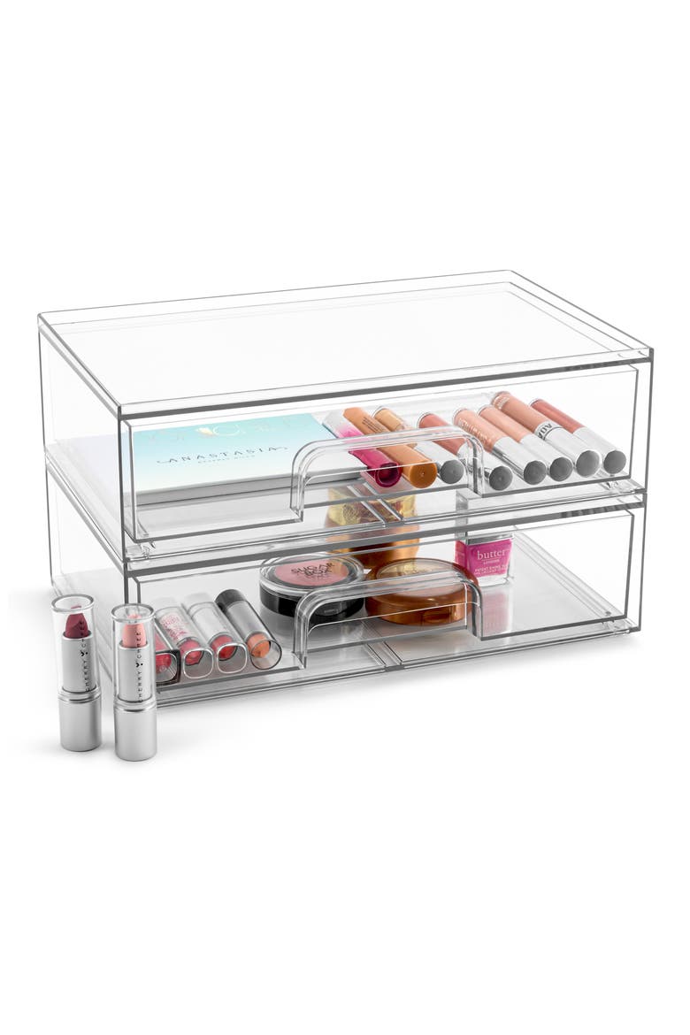 Set of 2 Stackable Acrylic Drawers, Alternate, color, CLEAR