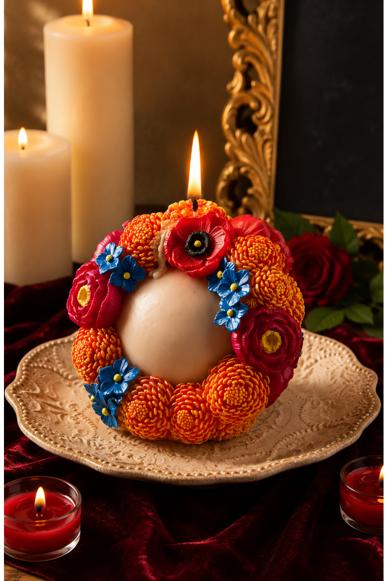 Day of the Dead Floral Skull Candle, Alternate, color, Off-white / Floral