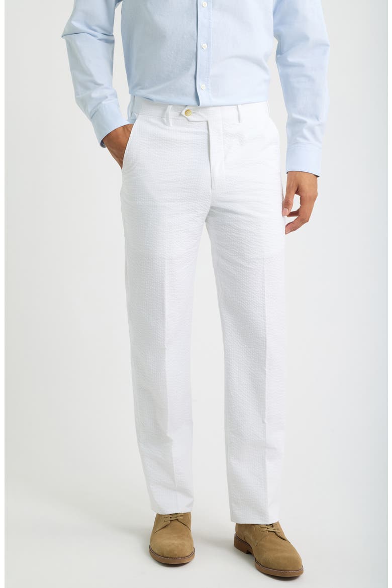 Flat Front Stripe Cotton Seersucker Pants, Main, color, WHITE