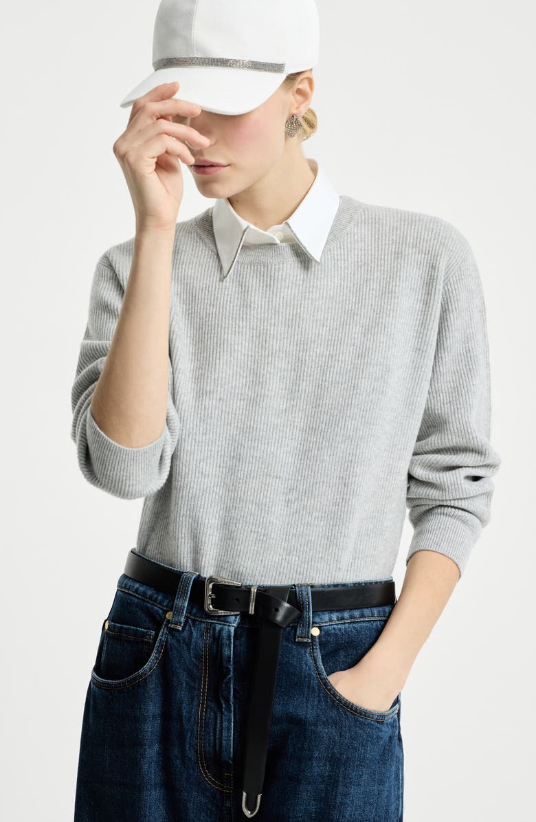 Brunello Cucinelli Cashmere sweater with monili, Alternate, color, Light Grey
