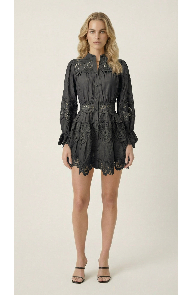 Modenaire Lace Trim Button Front Mini Dress, Alternate, color, Charcoal Grey