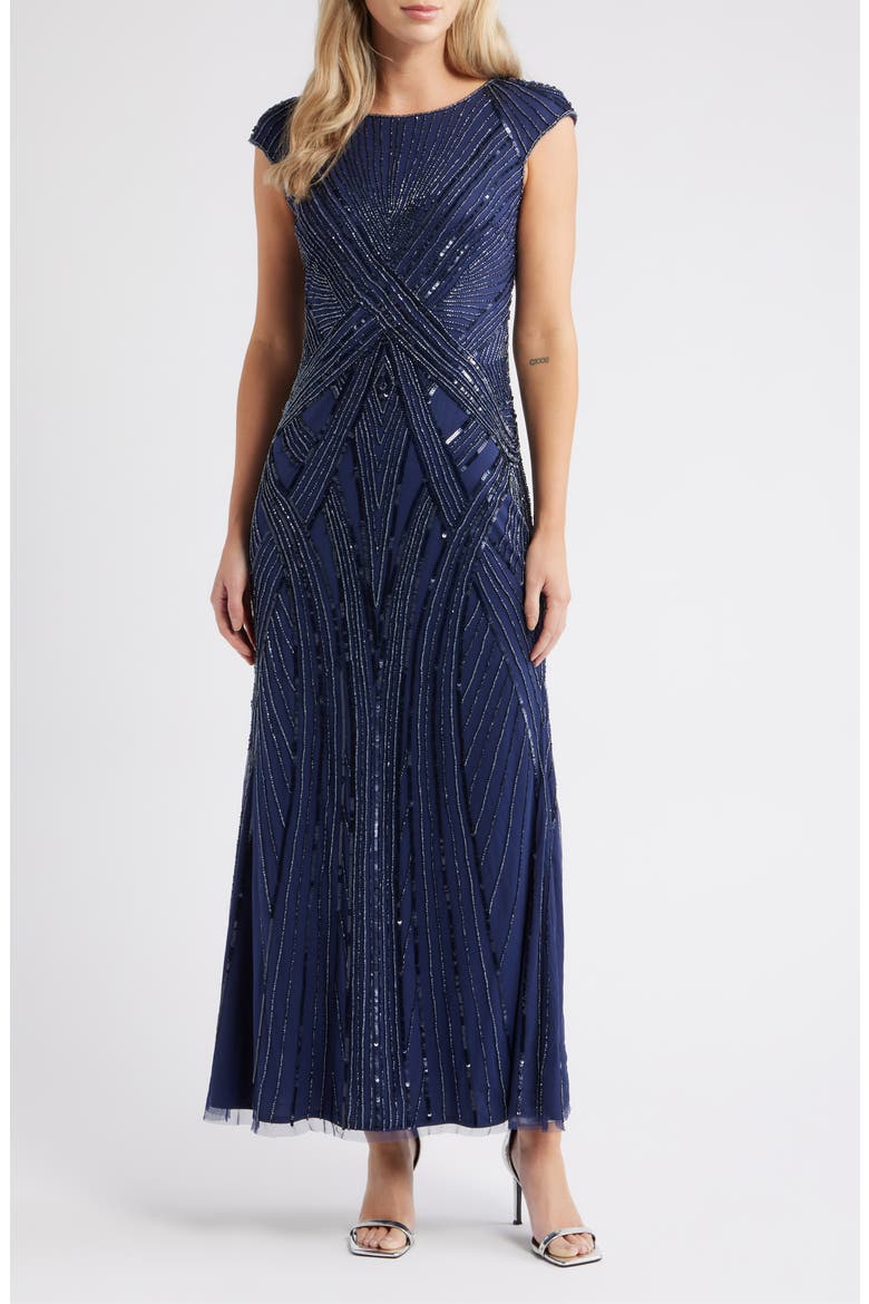 Embellished Cap Sleeve Gown, Main, color, BRIGHT NAVY