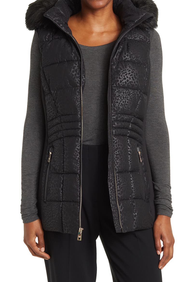 Faux Fur Trimmed Hooded Vest, Main, color, BLACK