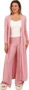 24seven Comfort Apparel Womens Basic Long Sleeve Tie Waist Soft Jacket and Elastic Waist Wide Leg Pant Set