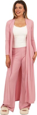 24seven Comfort Apparel Womens Basic Long Sleeve Tie Waist Soft Jacket and Elastic Waist Wide Leg Pant Set