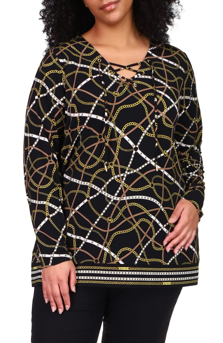 MICHAEL Michael Kors Lace-Up Neck Chain Print Jersey Tunic, Main, color,