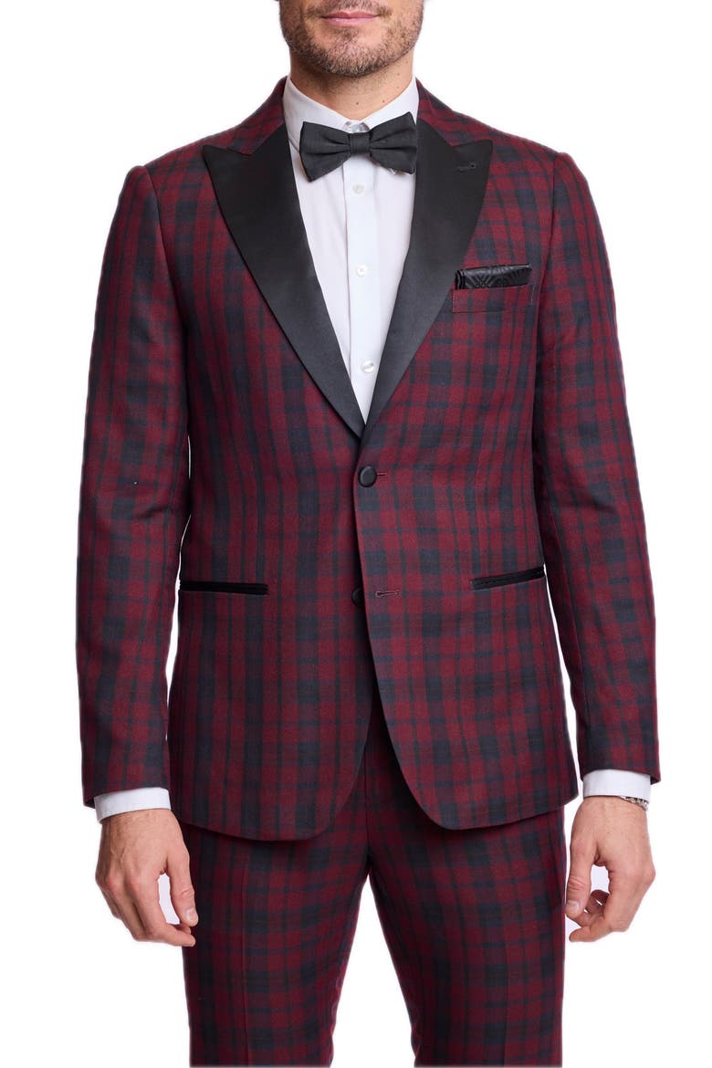 Kyle Slim Fit Plaid Peak Lapel Tuxedo Jacket, Main, color, BURGUNDY BLACK TARTAN