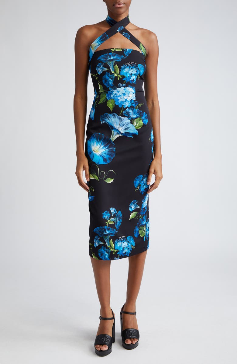 Dolce&Gabbana Bluebell Floral Cutout Charmeuse Sheath Dress, Main, color, 