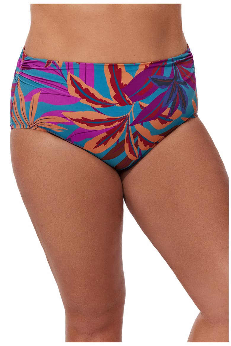 Plantopia Plus Size Shirred High Waist Swim Bottom, Main, color, Multi-Teal