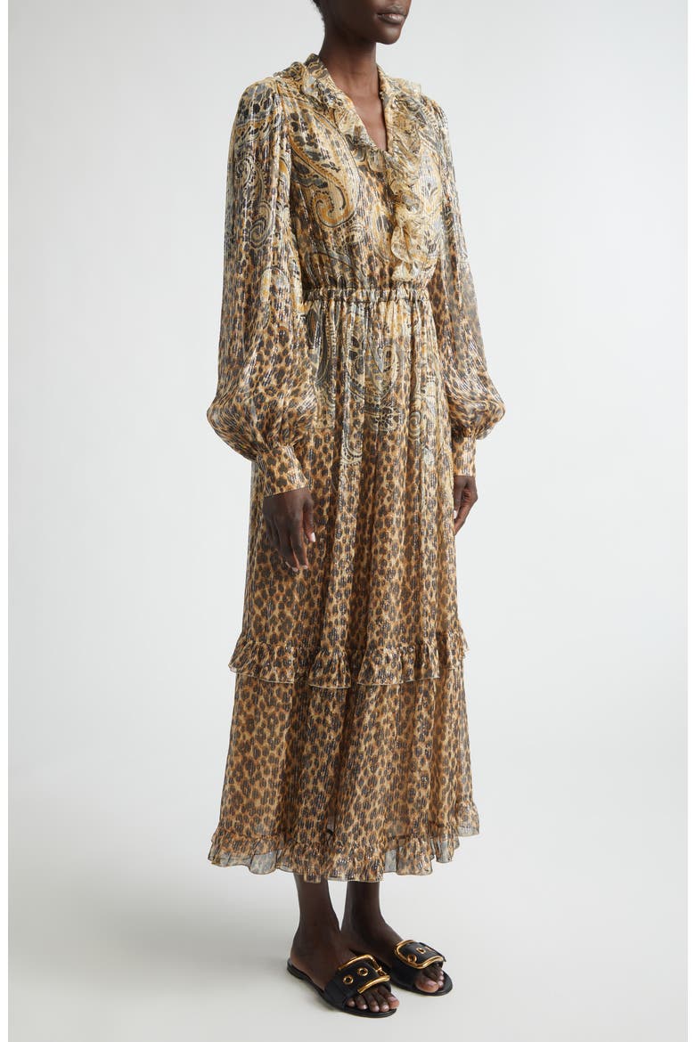 Silk Blend Metallic Plissé Maxi Dress, Alternate, color, BEIGE