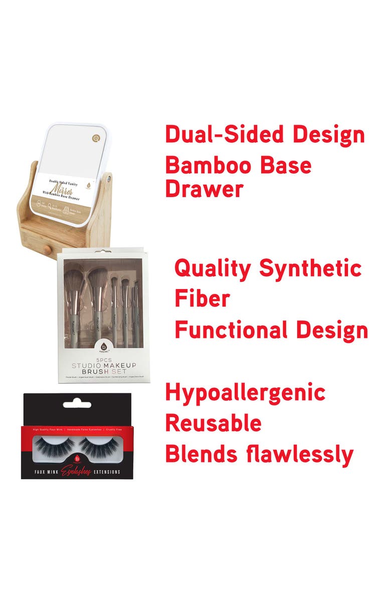 PURSONIC 5pc Studio Makeup Brush Set + False Eyelashes Extensions + Dual-Sided Vanity Mirror, Alternate, color, Beige