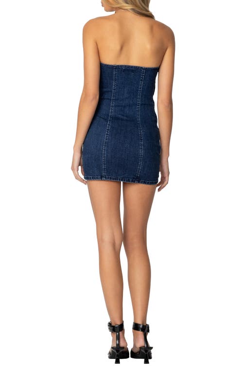 Edikted Ruched Front Strapless Denim Minidress In Dark-blue