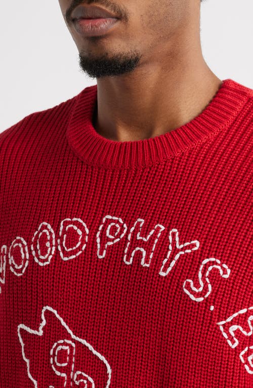 Elwood School Spirit Embroidered Graphic Crewneck Sweater In Fire Truck