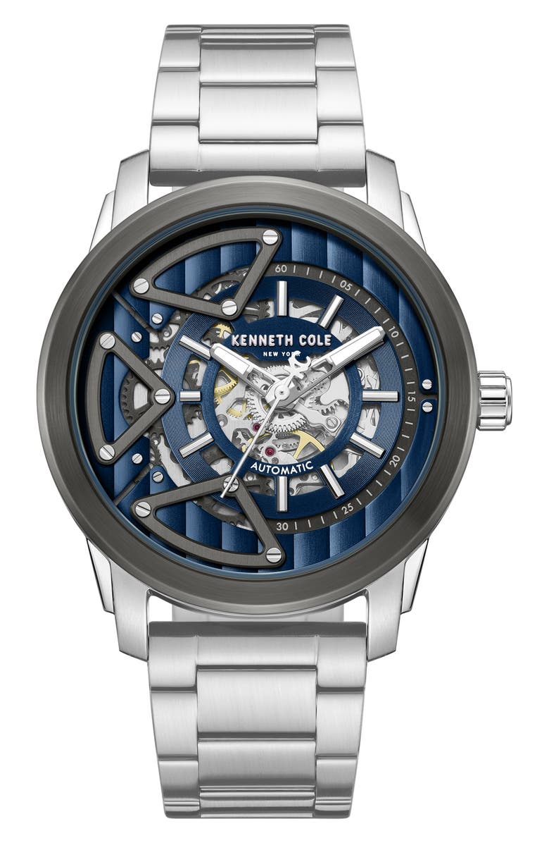 Kenneth Cole New York Skeleton Automatic Bracelet Watch, 44mm, Main, color, Silver