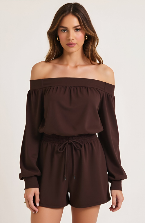 Modenaire Off-shoulder Long Sleeve Romper With Smocked Waist And Drawstring Tie In Brown