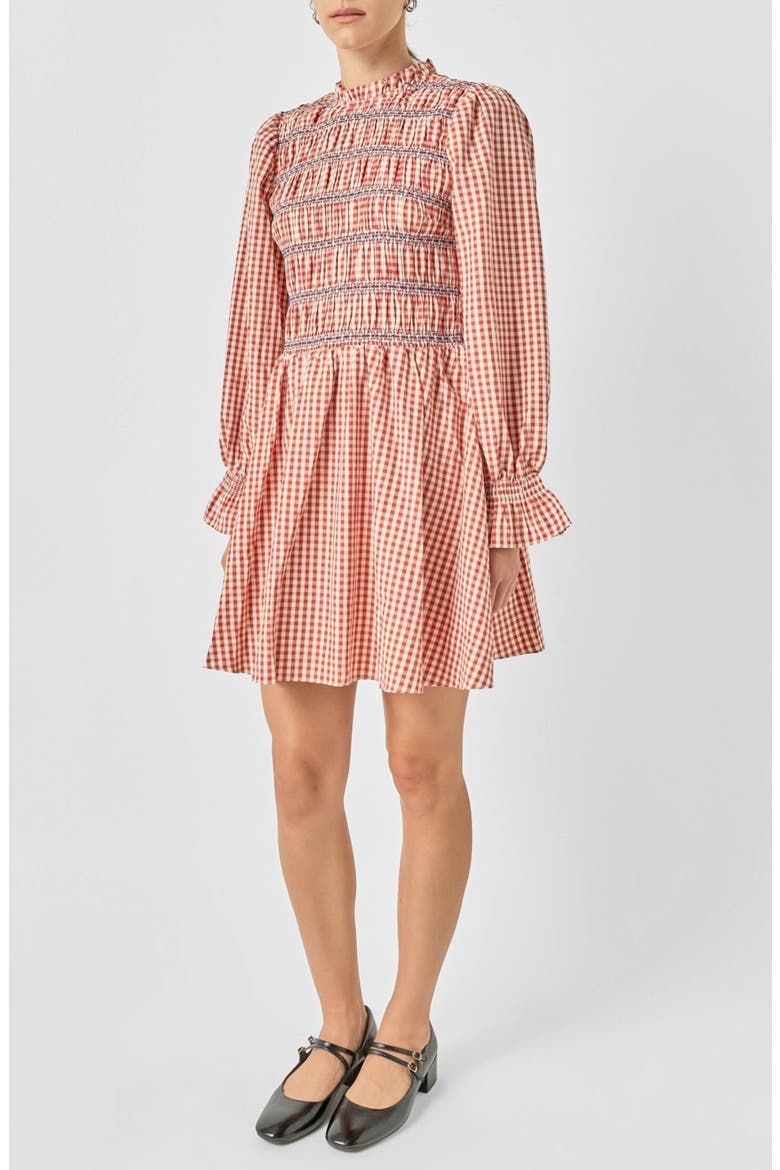 Gingham Smocked Long Sleeve Minidress, Alternate, color, DARK CHERRY