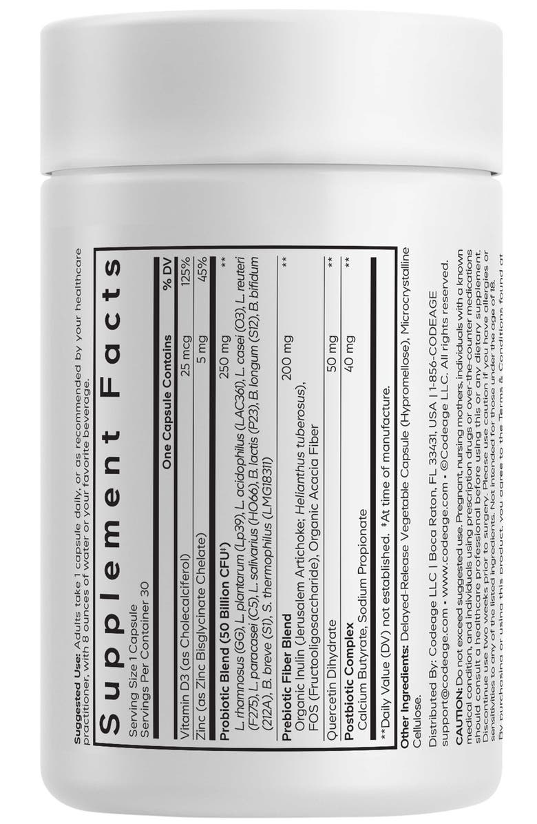 Codeage Probiotic+ 50B CFU, 12 Strains, Prebiotic Fiber, Postbiotics Supplement, Alternate, color, White