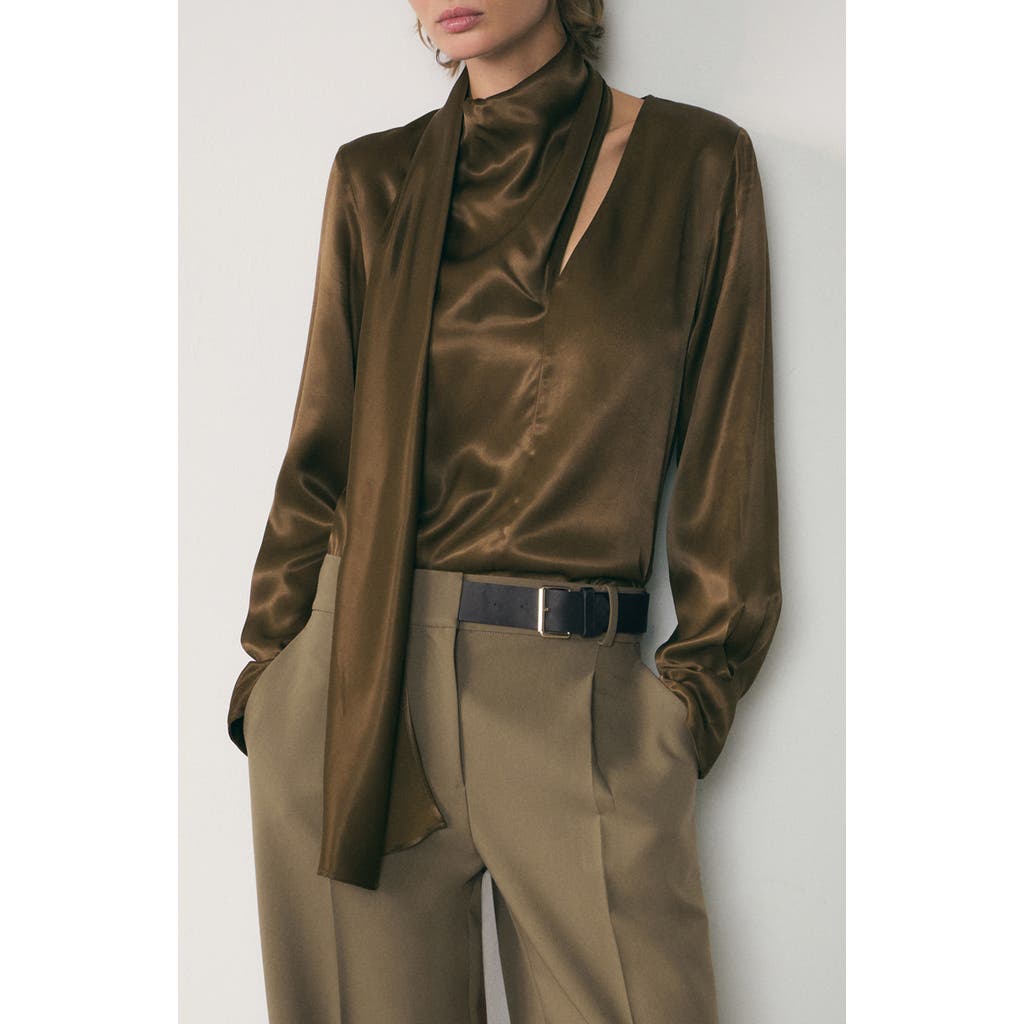 Mango Bow Satin Blouse Khaki In Khaki Brown