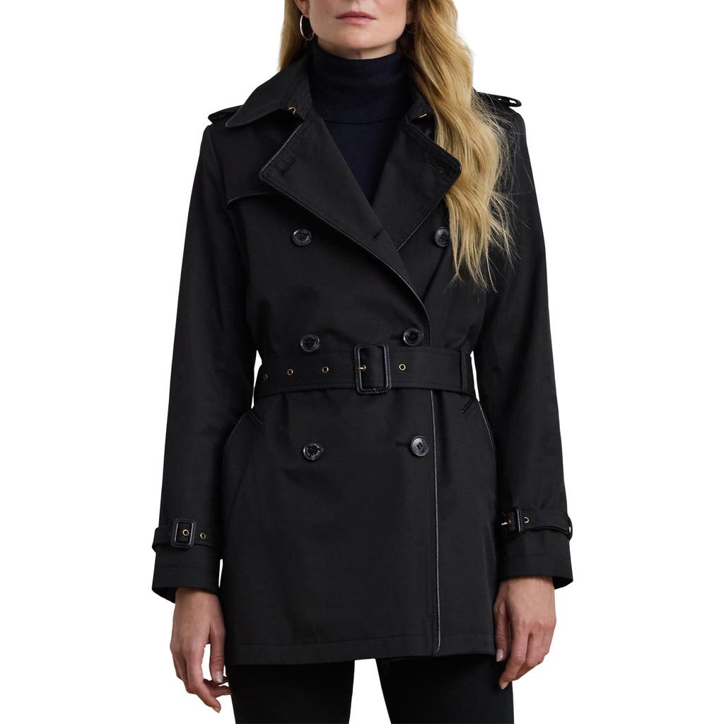 Shop Ralph Lauren Lauren Belted Double Breasted Trench Coat With Faux Leather Trim In Black