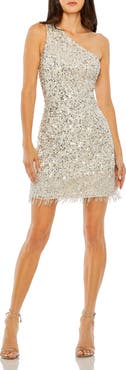 Mac Duggal One Shoulder Embellished Fringe Detail Dress