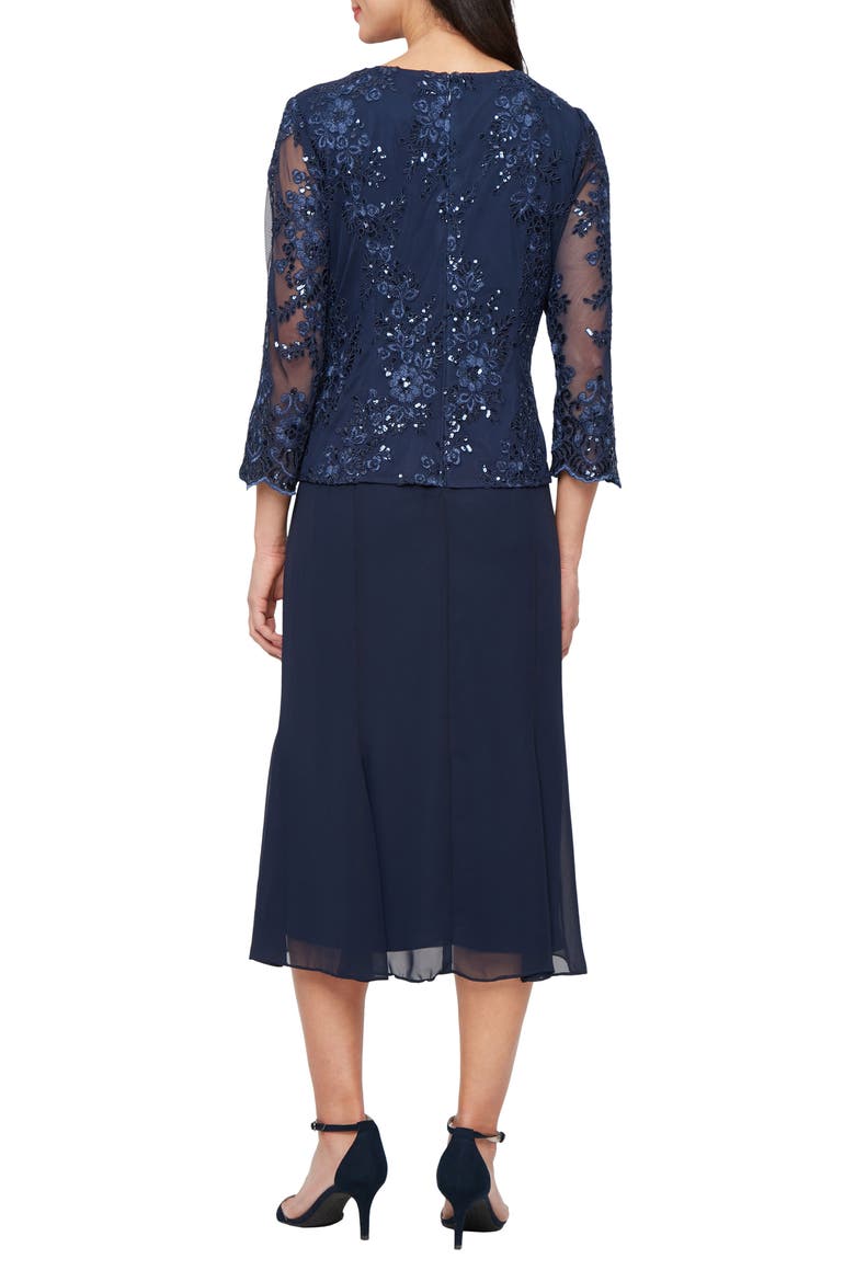 Embroidered Sequin Tulle Mock Jacket Cocktail Midi Dress, Alternate, color, NAVY