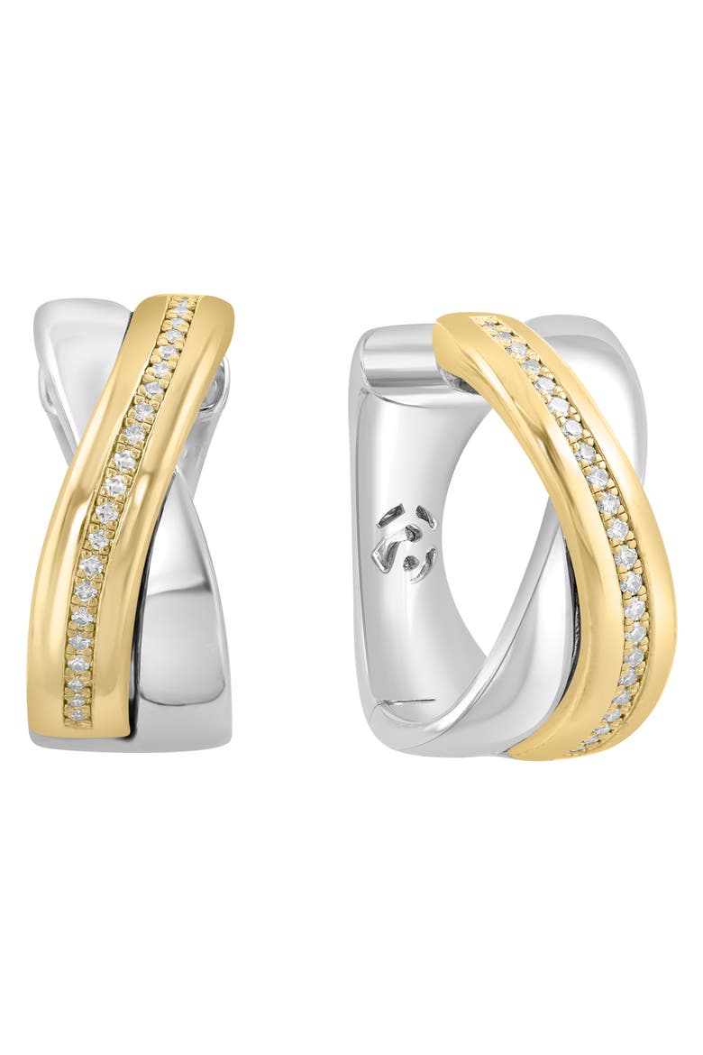 14K Gold Plated Sterling Silver Diamond Huggie Hoop Earrings, Alternate, color, WHITE
