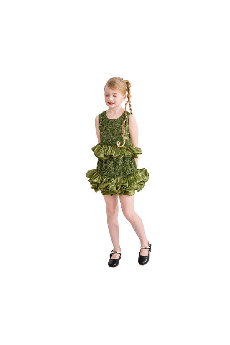 Evadelle Satin Ruffle Skirt Set, Alternate, color, Olive Green