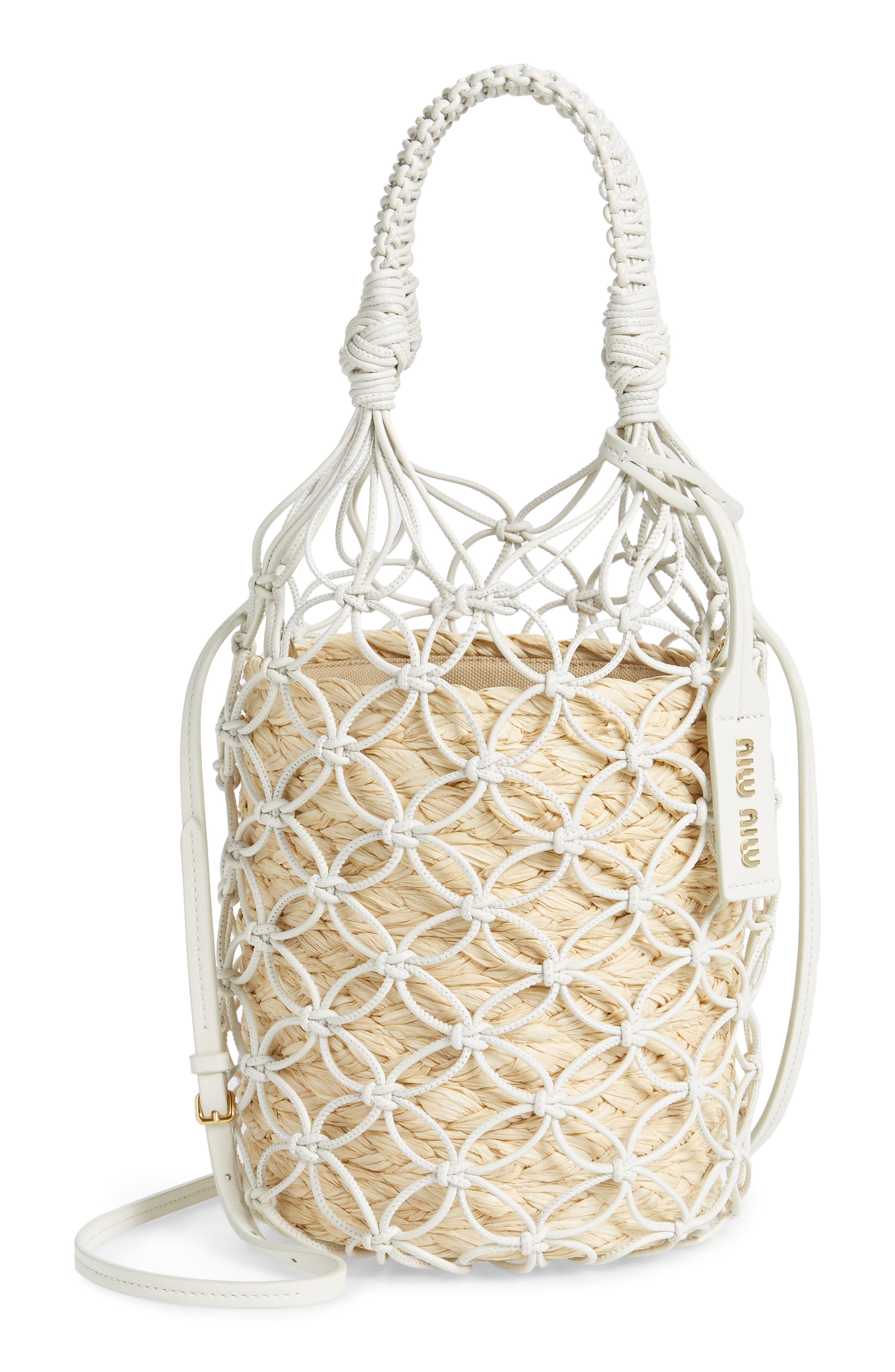 Miu Miu Woven Leather & Raffia Bucket Bag, Main, color, 