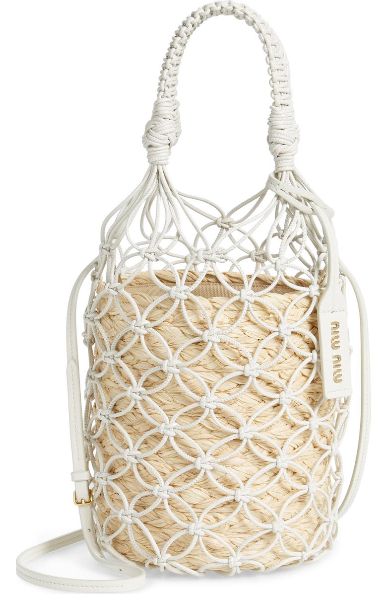 Miu Miu Woven Leather & Raffia Bucket Bag, Main, color,