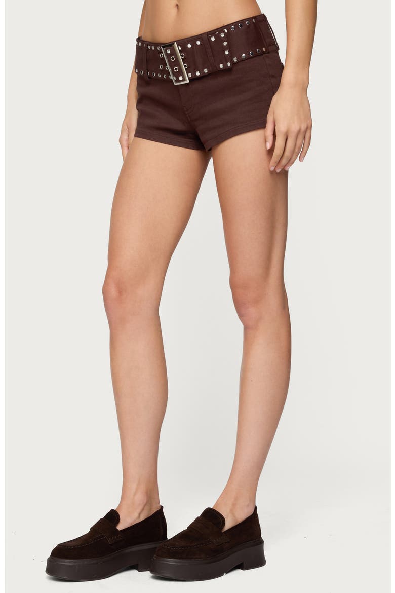 Studded Belt Denim Micro Shorts, Alternate, color, DARK-BROWN